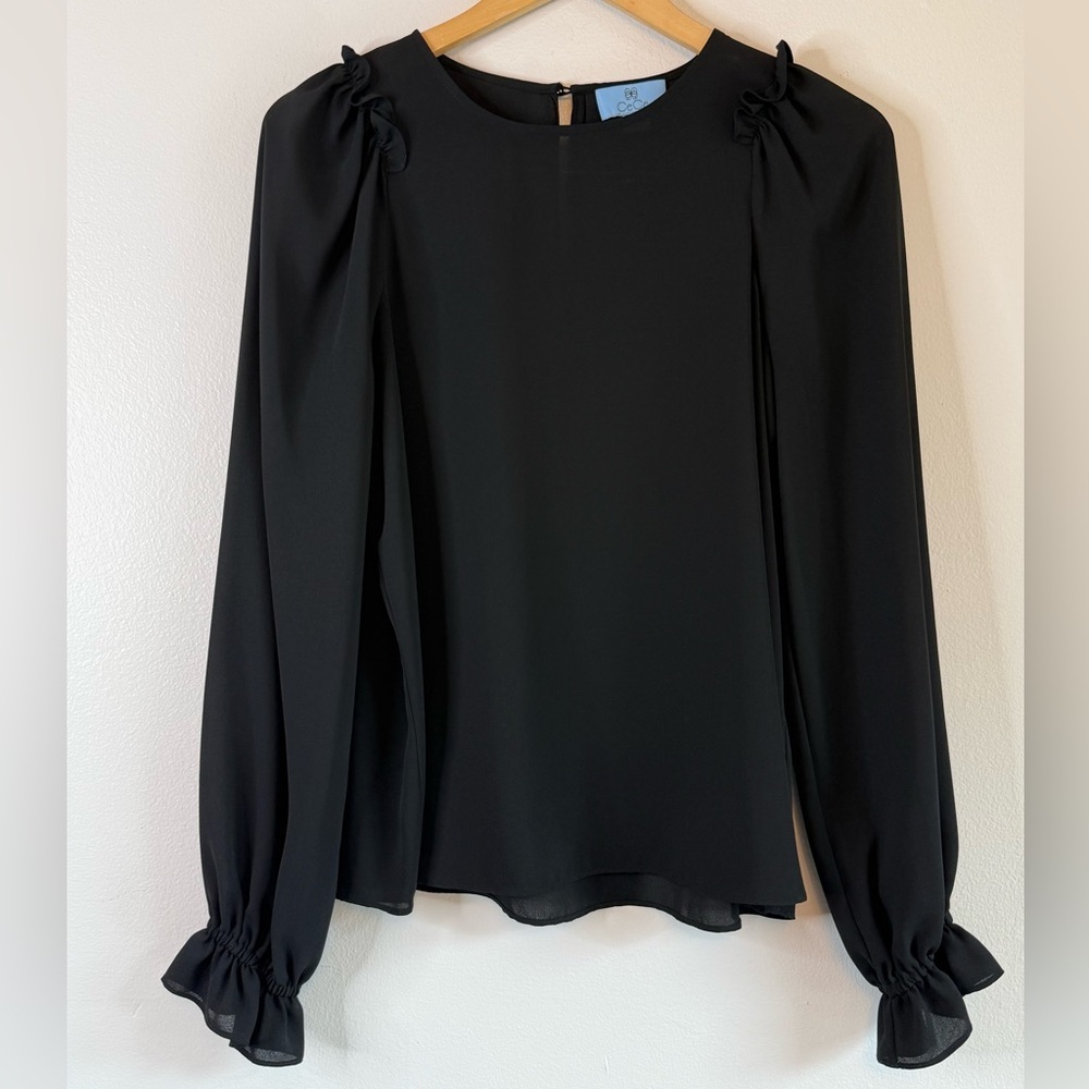 NEW CeCe Ruffle Shoulder Ruffle Cuff Black Blouse - Picture 2 of 8